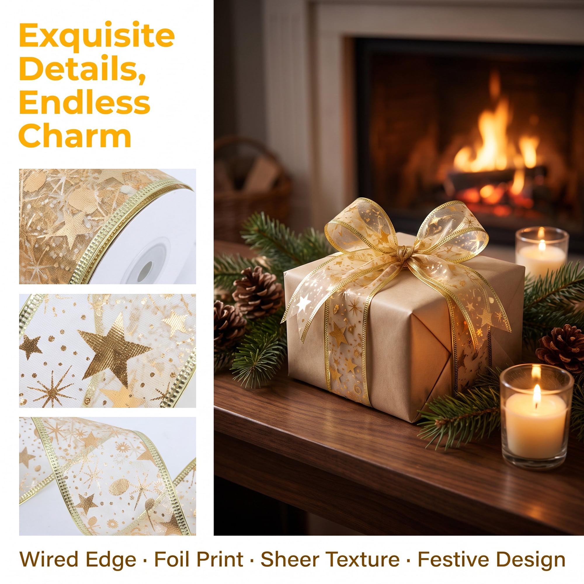 Unique Bargains Star Pattern Fabric Ribbon for Decoration Projects Yellow 9.8 Yard