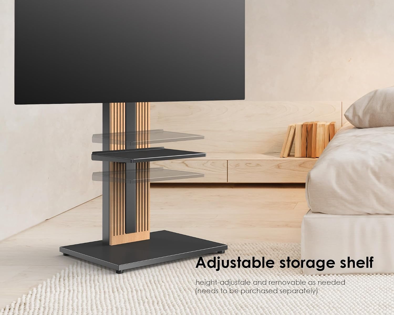 FITUEYES Zen Series Floor TV Stand for 32–65 Inch TVs, Black & Light Wood, Hidden Storage