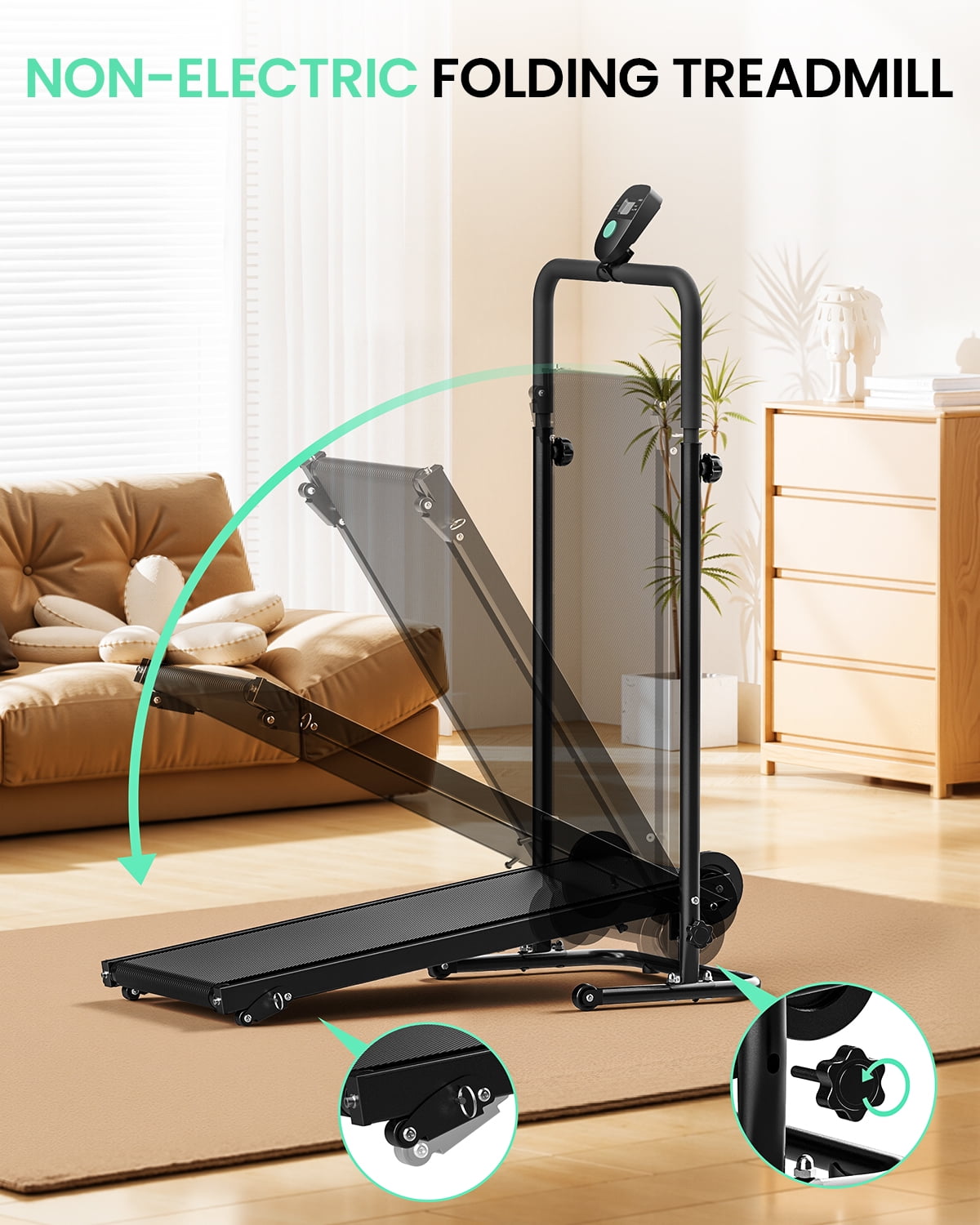 Akluer Manual Walking Treadmill with Fixed Incline, Non-Electric Compact Treadmill for Home Exercise, Quiet Motor-Free Design, Anti-Slip Belt