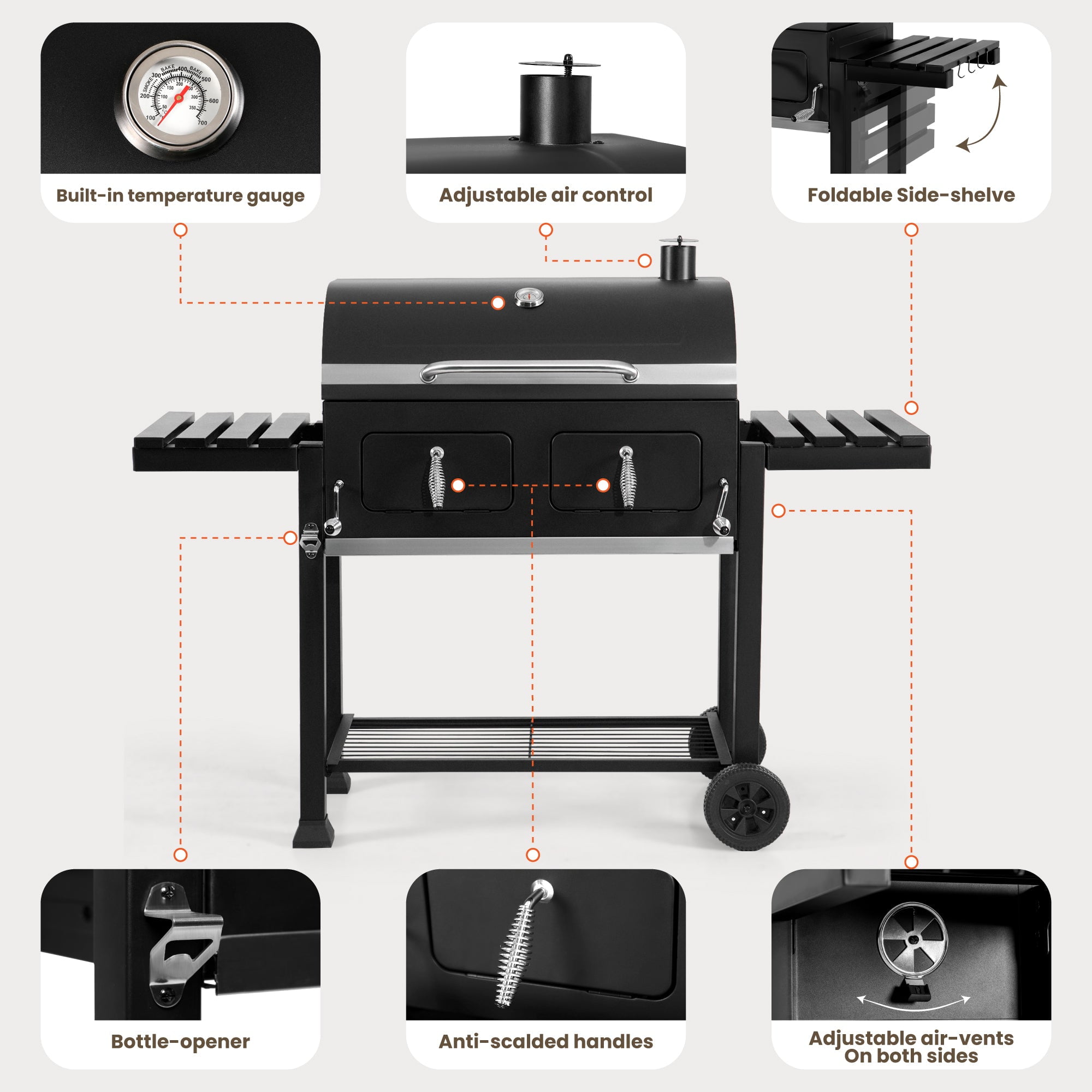 Alpha Joy 34-inch BBQ Charcoal Grill Outdoor Portable Barbecue Grill