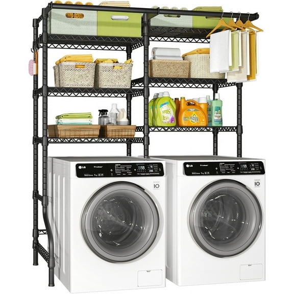 Ulif U13 Over Washer and Dryer Storage Shelves, 6 Tiers Laundry Room Standing Shelf with 2 Hanger Rods, Space Saver Clothes Drying Rack, 63.4" W x 22" D x 77.4" H, Black