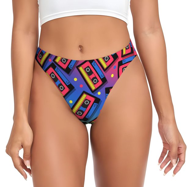 Fotbe Vintage Audio Cassettes Tanga Sin Costuras para Mujer con Estampado – Panties Invisibles, Transpirables y Cómodos para Uso Diario-X-Large