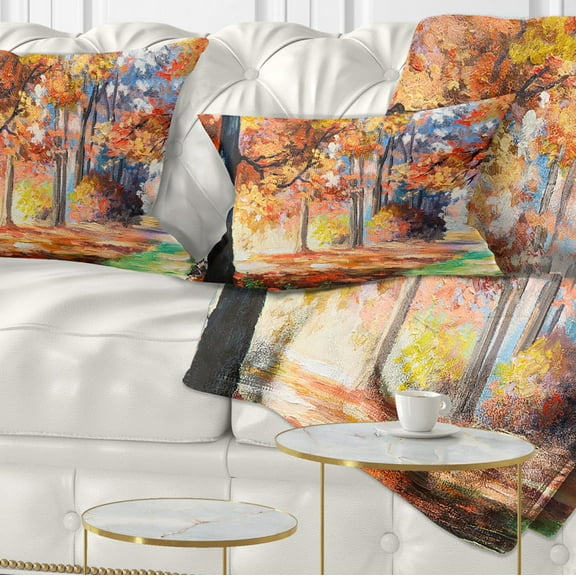 Designart Fall Trail in Forest - Landscape Printed Throw Pillow - 12x20