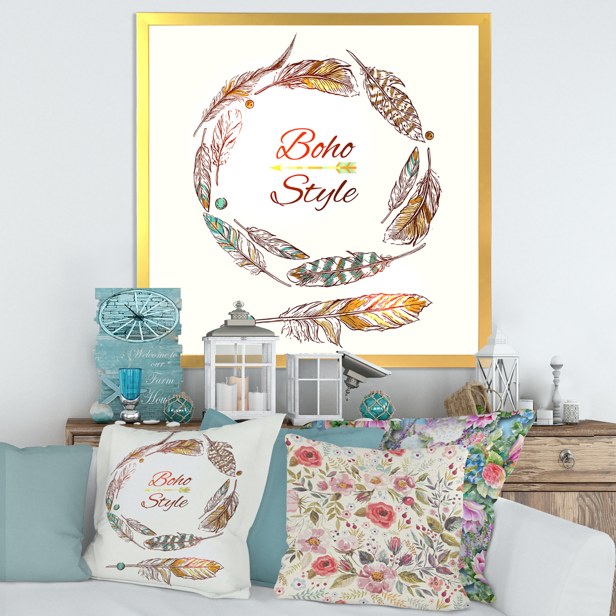 Designart 'Wreath Of Ethnic Beige Boho Feather' Bohemian & Eclectic Framed Art Print