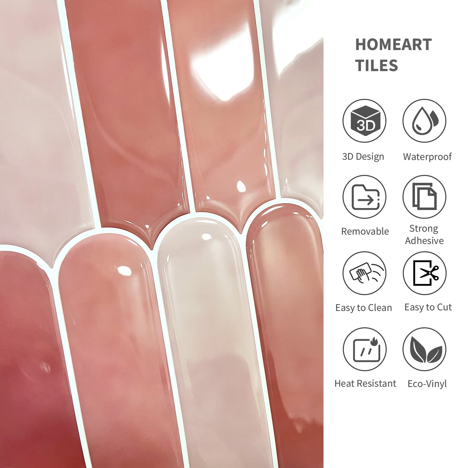 HOMEART Pink Peel and Stick Backsplash, 10”×10” Self Adhesive Feather Wall Tiles for Kitchen Bathroom (10 Sheets)