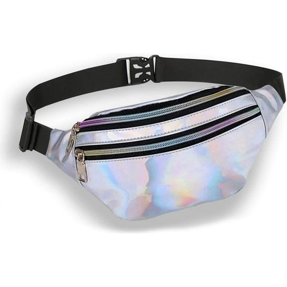 Fanny Pack for Women Kids, Waterproof Rave Waist Bag with Adjustable Belt and 3 Pouches, Sliver