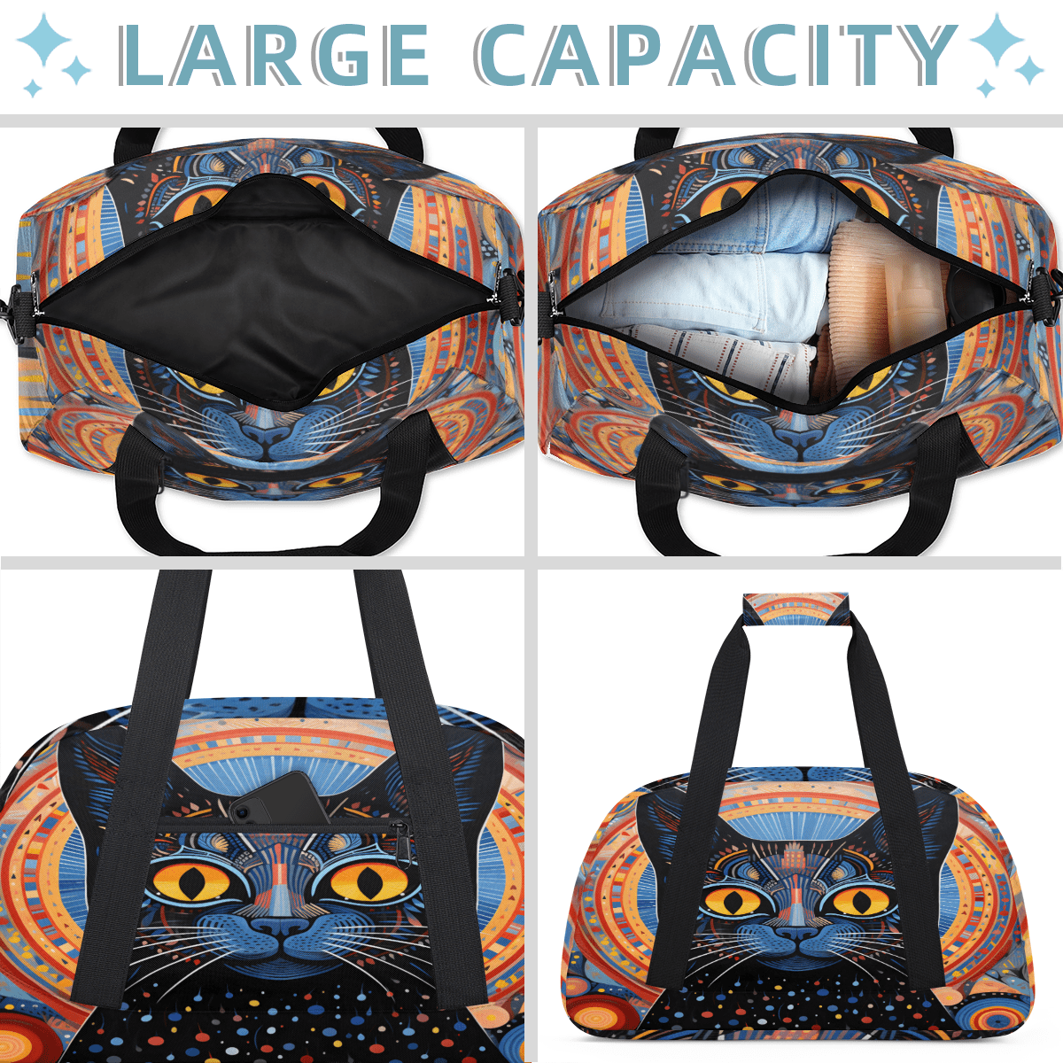 Herdesigns Boho Cat Sports Duffle Bag for Women & Men, Ethnic Cat Gym Bag Dance Bag Overnight Bag Carry On Weekender Travel Bag