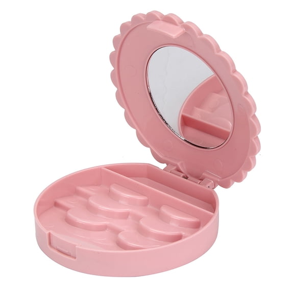 False Eyelash Storage Box, Scalloped Edge Design With Rotating Built-In Mirror, Multiple Compartments For Cosmetics Organization