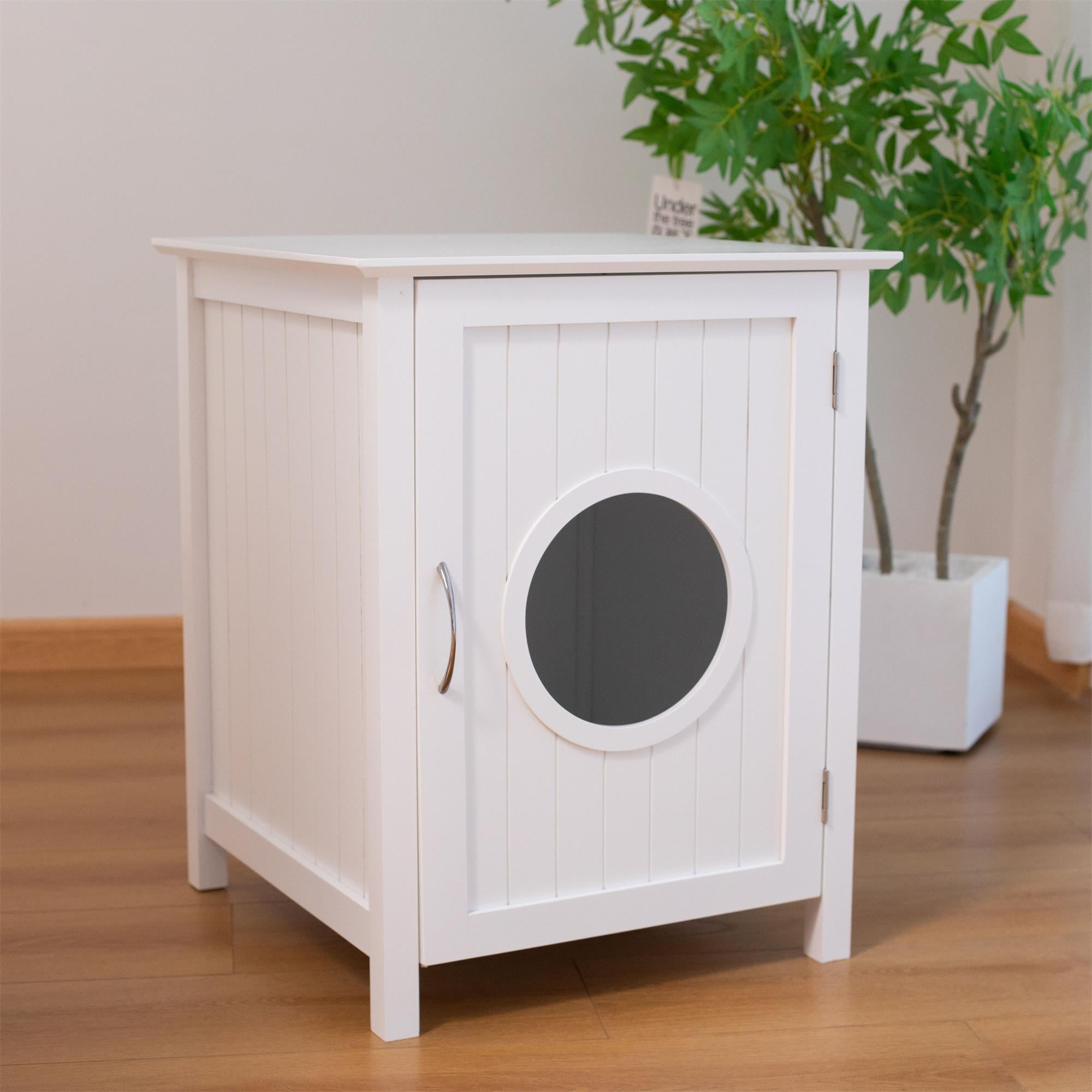 Pefilos 25" Wood Cat House Condo Bed, Hidden Cat Litter Box Enclosure Furniture for Indoor, Kitty Washroom, White Pefilos 25" Wood Cat House Condo Bed, Hidden Cat Litter Box Enclosure Furniture for Indoor, Kitty Washroom, White