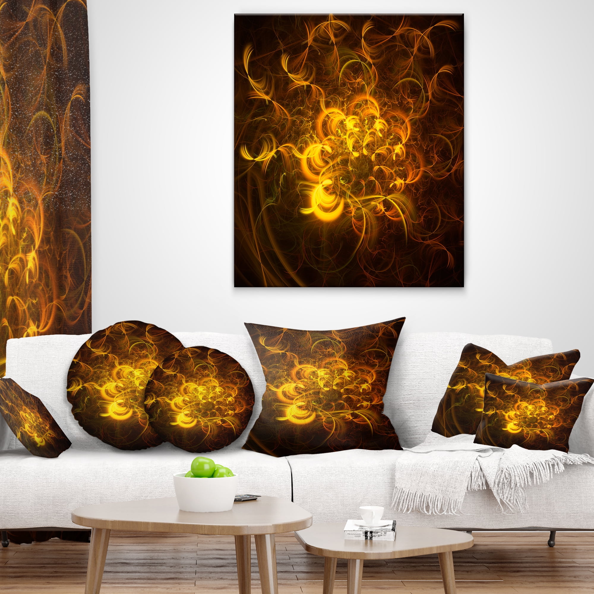 Designart Golden Fractal Flower in Dark - Floral Throw Pillow - 12x20