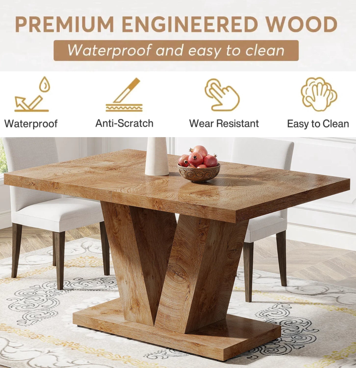 Fnova 47.24" Rectangular Farmhouse Dining Table, Wood Coffee Table for 4 People, Modern Kitchen Table for Dining Room, Light Brown (Chairs Not Included)