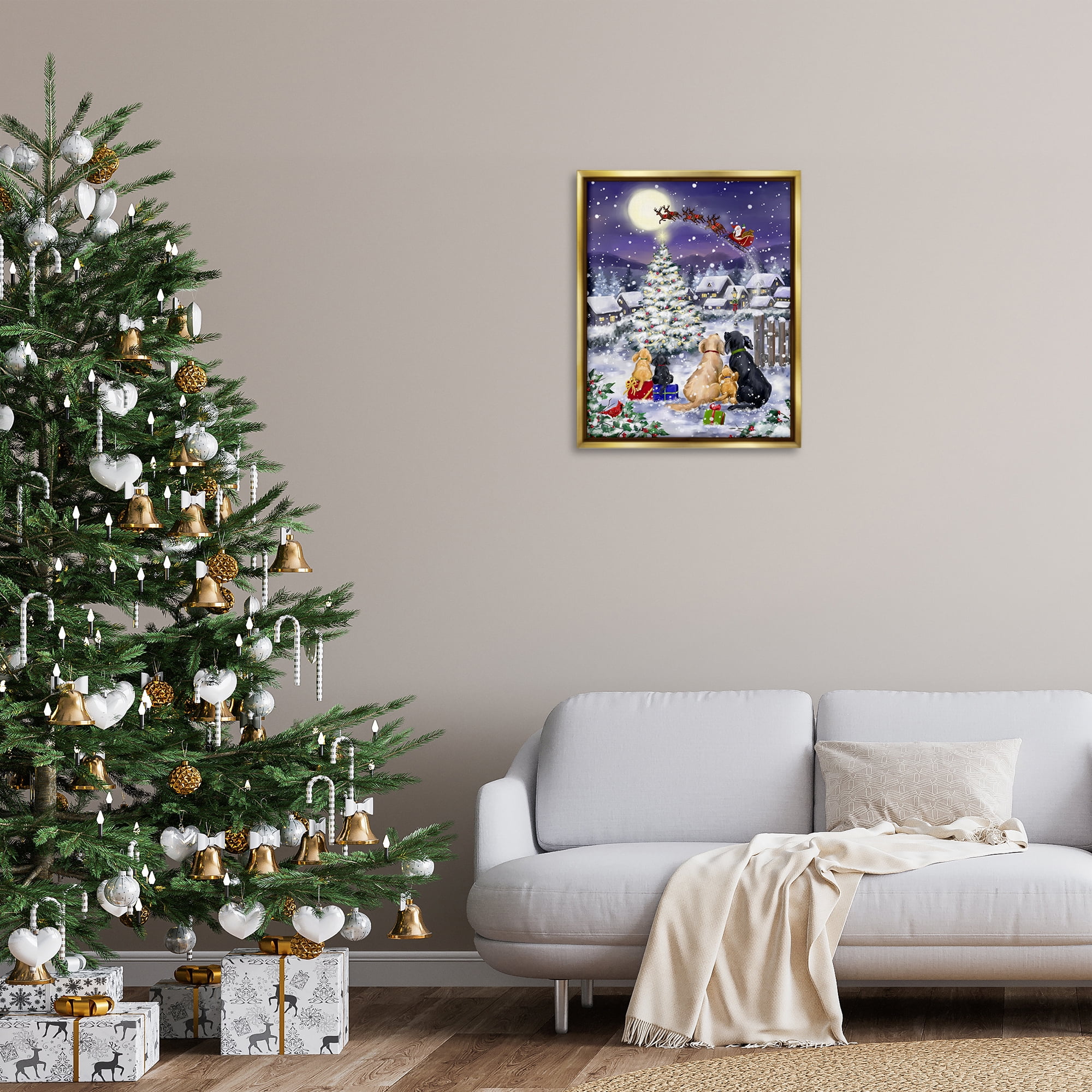 Stupell Industries Santa Over Snowy Dogs Holiday Painting Gold Floater Framed Canvas Art Prints Wall Art, 25 x 31