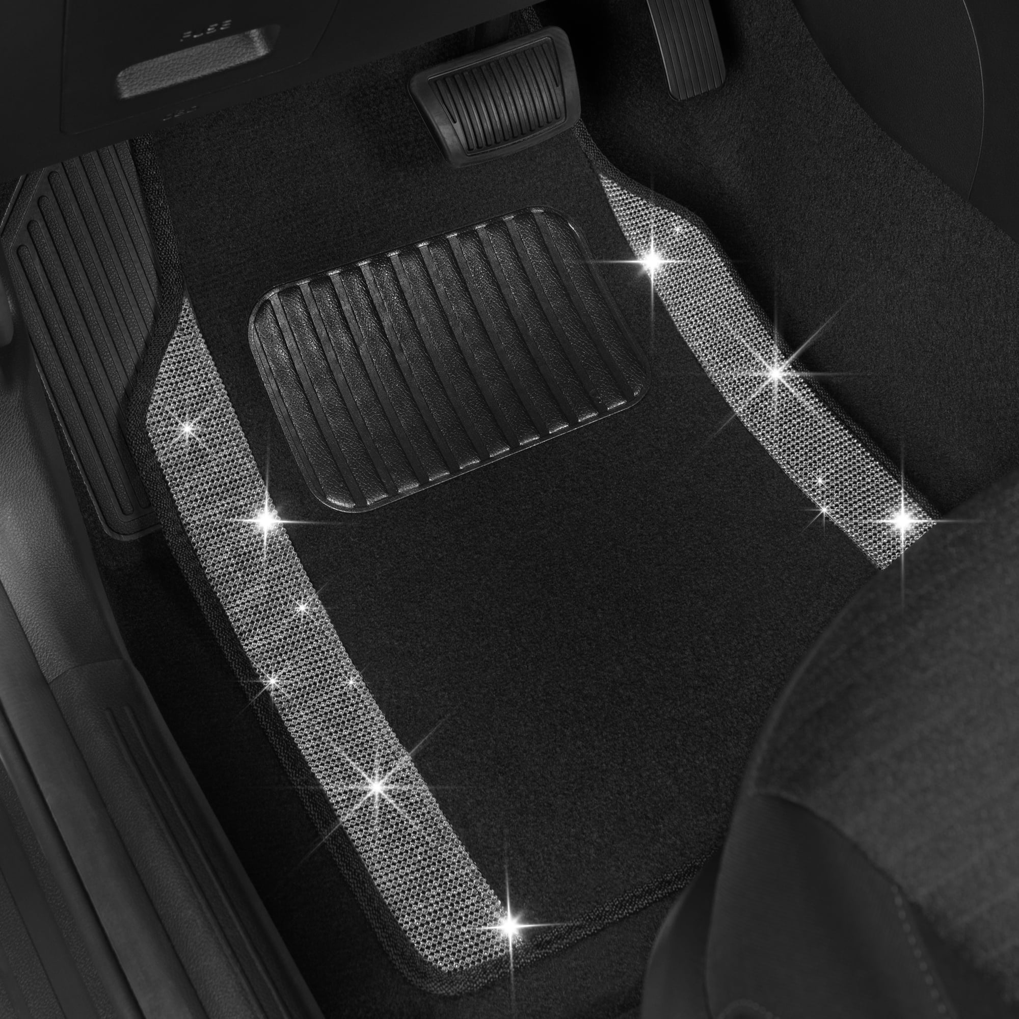 Carbella Diamond Bling Car Mats 4-Piece Set, Shiny Rhinestone Crystal Carpet Car Floor Mats, Two-Tone Floor Mats for Cars, Cute Automotive Interior Car Accessories for Women (Silver)