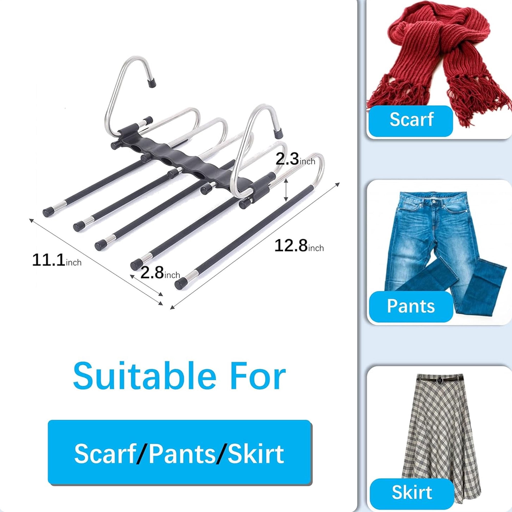 ofefe Space Saving Pants Hangers 2 Pack with 10 Metal Clips, Non-Slip Multi-Layer Hanger for Closet Organizer for Jeans Skirts Scarves Leggings Black