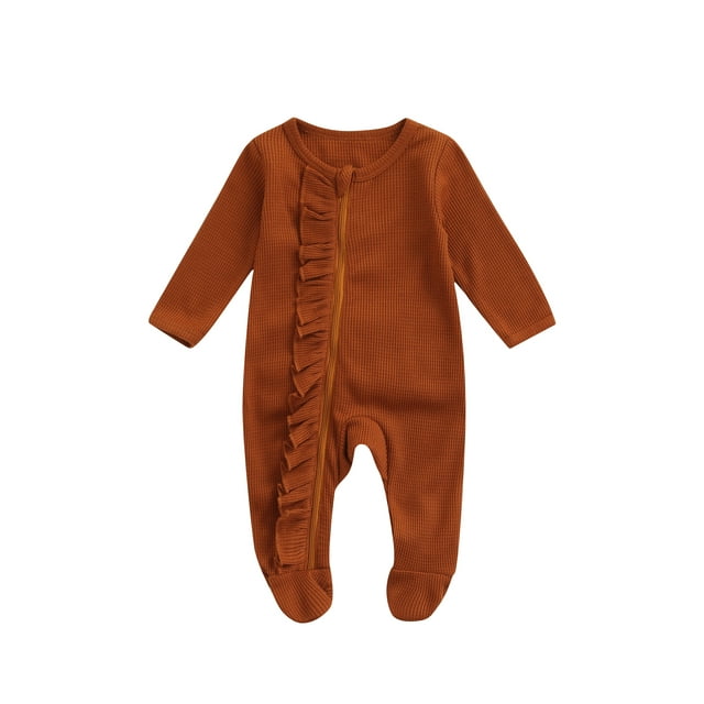 Kmbangi Baby Girl Long Sleeve Romper Foot Warp Pure Color Ruffles Playsuit