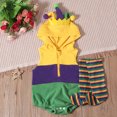 thumbnail image 4 of Kids Hooded Jester Romper Set – Sleeveless Zipper Onesie with Matching Socks, Yellow Purple Green Striped Outfit, 0-3 to 12-18 Months,Size 0 Month, 4 of 9