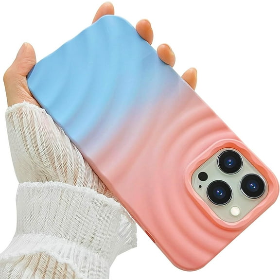 Compatible with iPhone 14 Pro Max Phone Case Girls Cute Gradient Bicolor Crimp Wave Pattern Soft Silicone Shockproof Camera Protective Back Cover Slim Phone Case for Women - Pink Blue