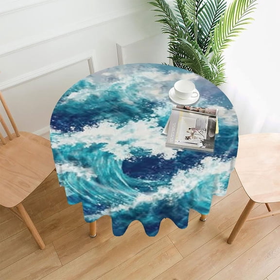 RKSupls 60 Inch Round Tablecloth, Ocean Waves Storm Premium Polyester Straight Edge Wrinkle Resistant Washable Table Cover for Party Home Dining Decor