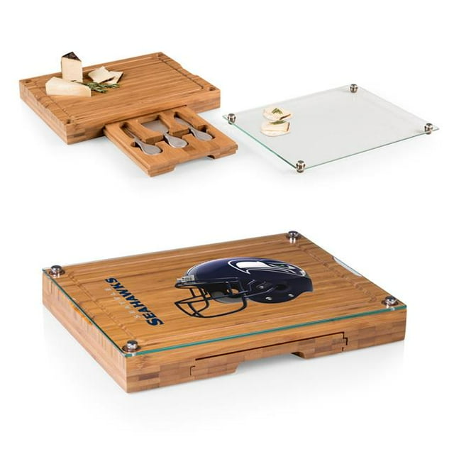 Picnic Time 919-00-505-284-2 Seattle Seahawks - Concerto Bamboo Cutting Board Tray And Cheese Tools Set