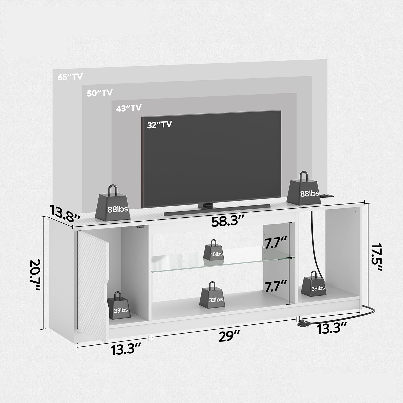 Bestier LED TV Stand for TVs up to 65", Entertainment Center with Power Outlet & Storage Cabinet, White