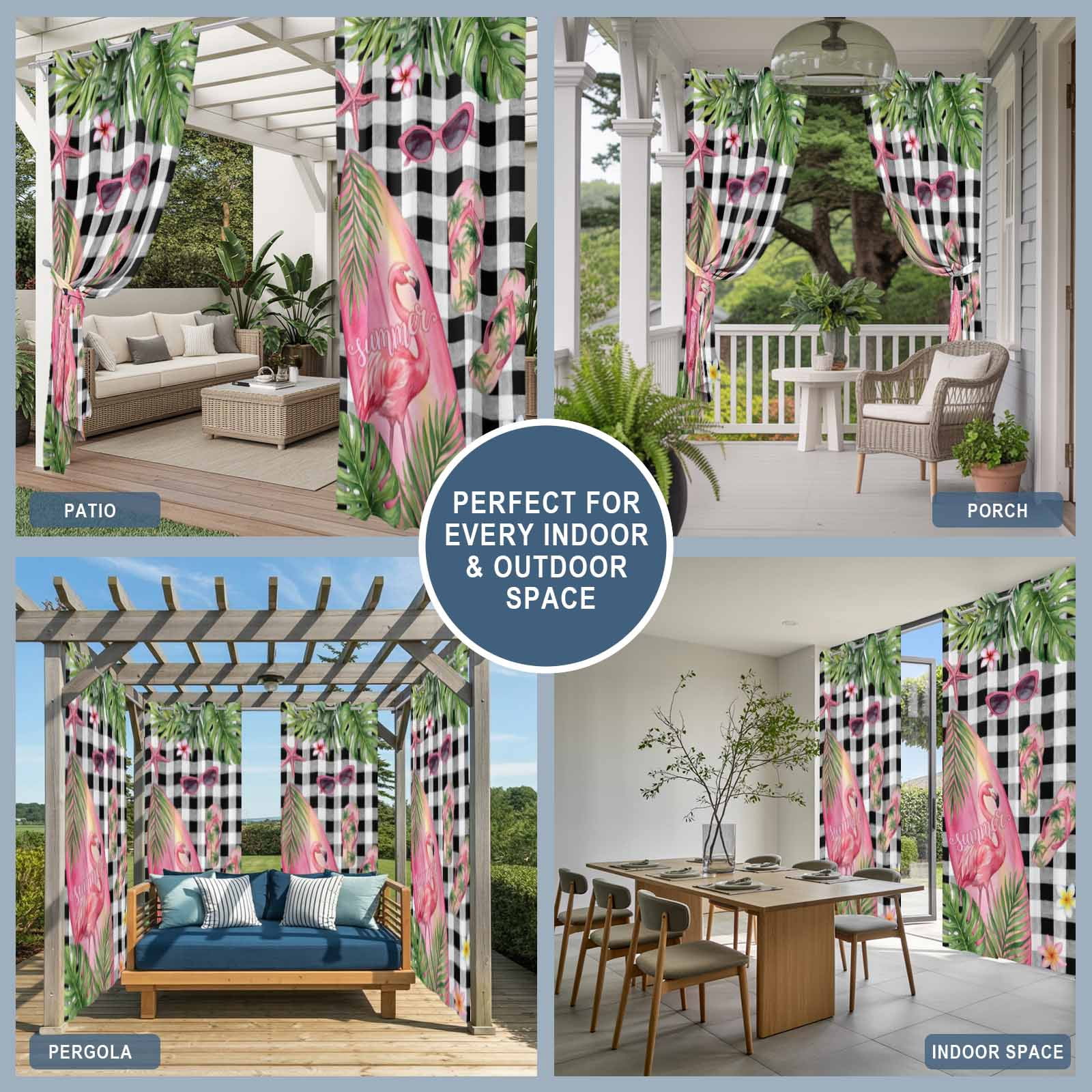 Summer Ocean Pink Surfboard Outdoor Curtains for Patio, Beach Slippers Flower Palm Leaf Black Plaid Sunshade Privacy Drapes Grommet Waterproof Outside Curtains for Porch Balcony 54"x108", 1 Panel
