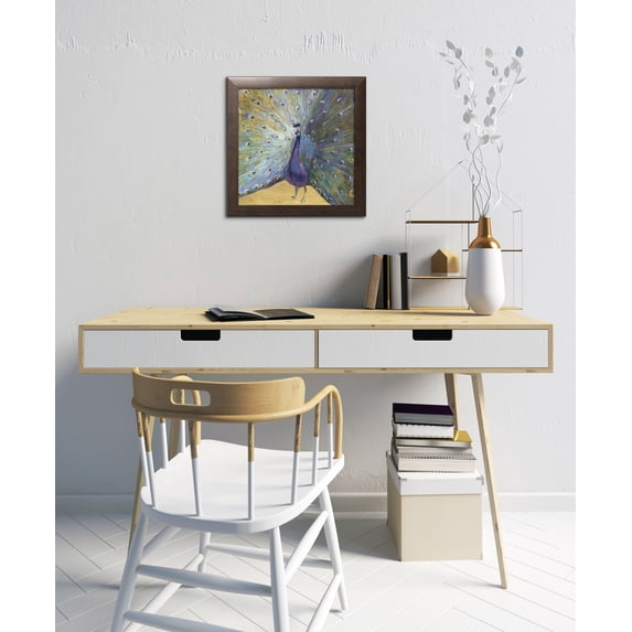 Gango Home Decor Contemporary Purple & Gold Peacock; One 12x12in Art Print in Brown Frame