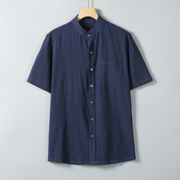 pstuiky camisetas para hombre, Camisa informal de manga corta con cuello alto, bolsillos y botones de color liso para hombre camisas casuales para hombre l