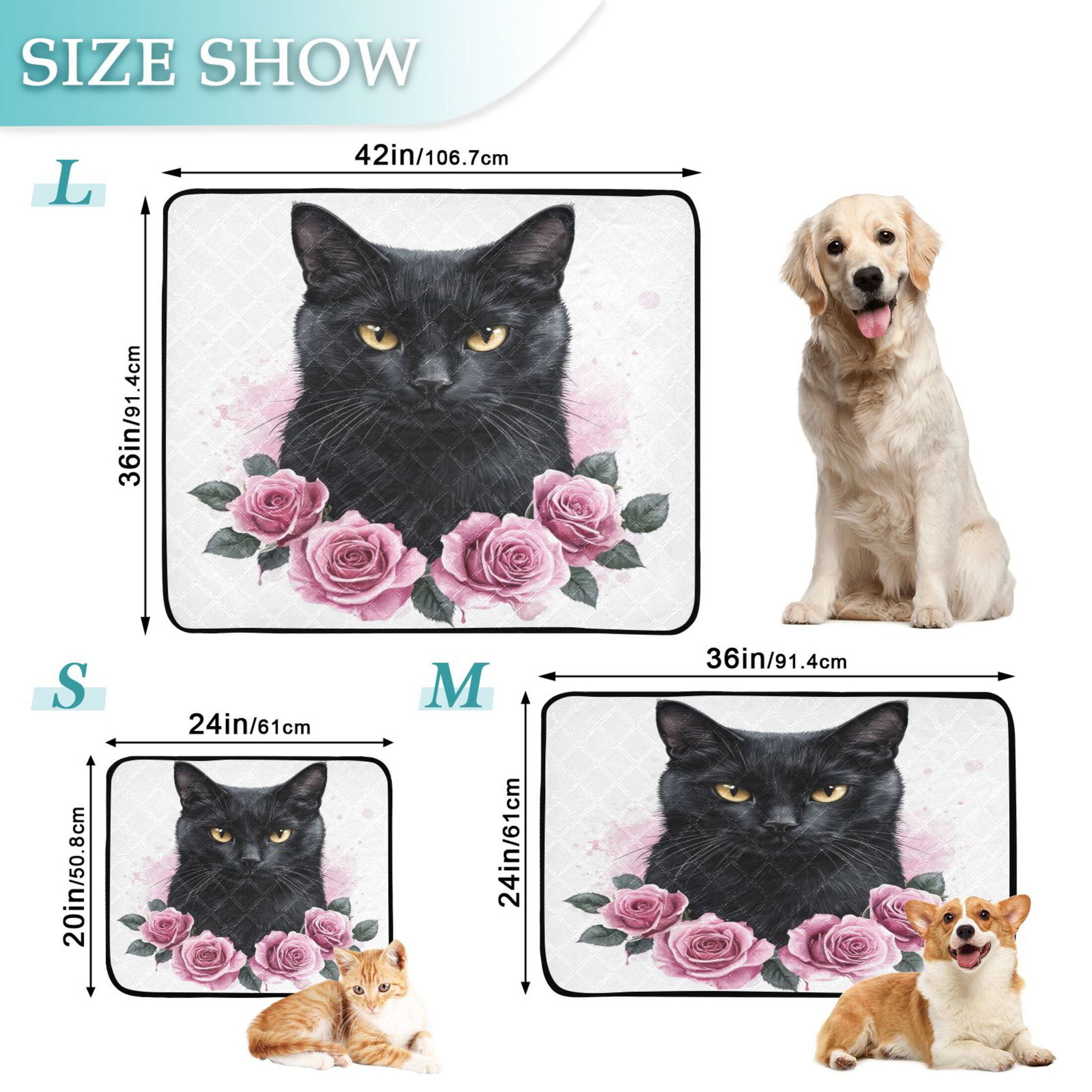Qxltty Black Cat with Pink Roses Cat litter Pads Pet Set of 3 Diaper Mats Center Anti-leakage Layer Absorbent Soft and Comfortable