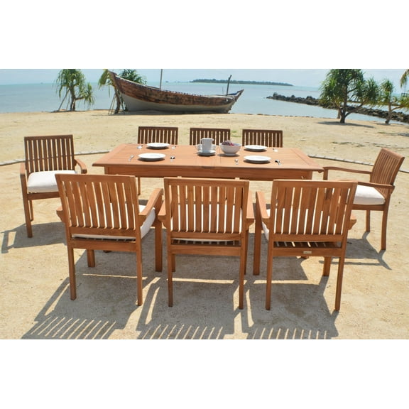 Teak Dining Set:8 Seater 9 Pc -94" Rectangle Table And 8 Stacking Napa Arm Chairs Outdoor Patio Grade-A Teak Wood WholesaleTeak #WMDSNPd