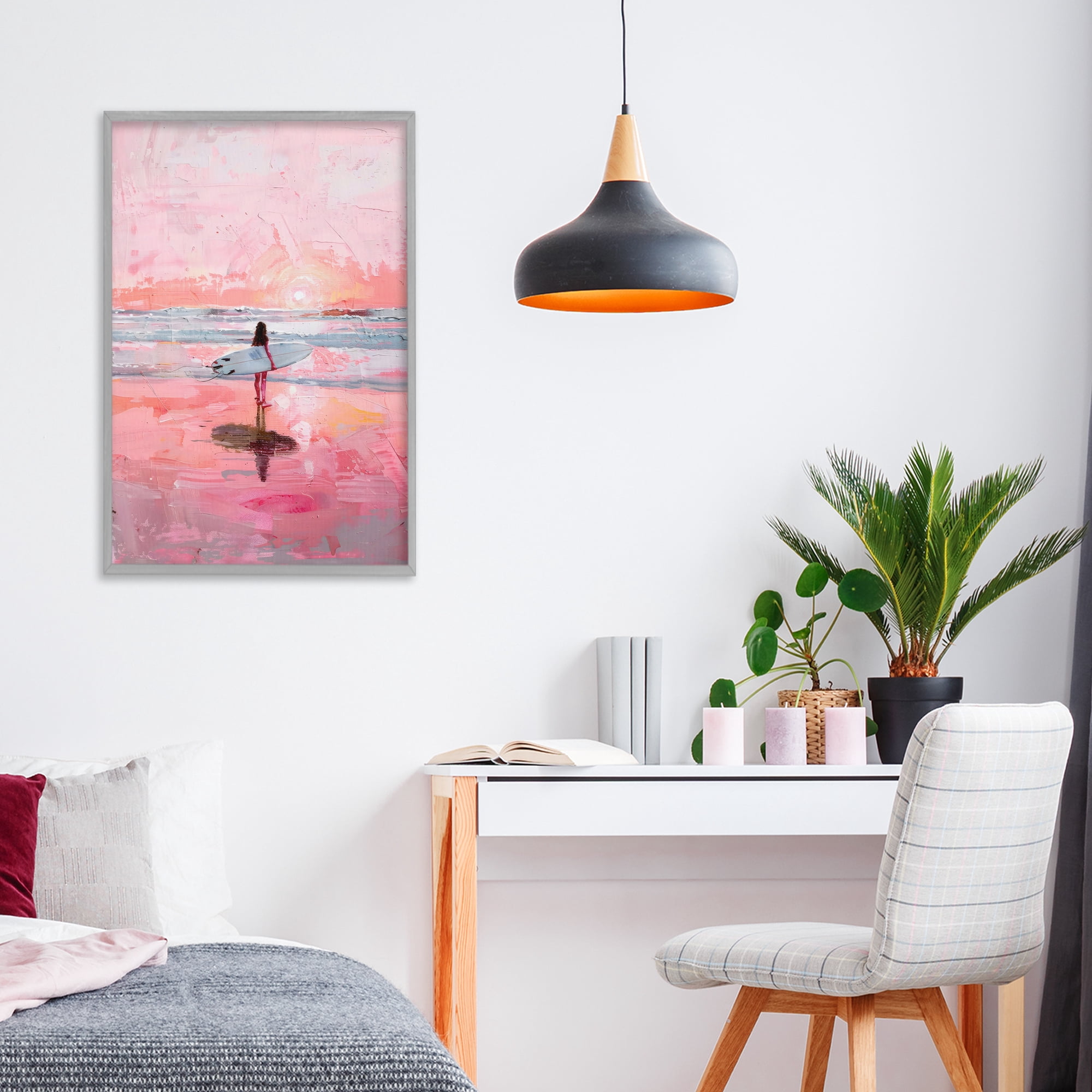 Stupell Industries Surfer at Pink Sunset Gray Framed Giclee Art, design by Creative Studio