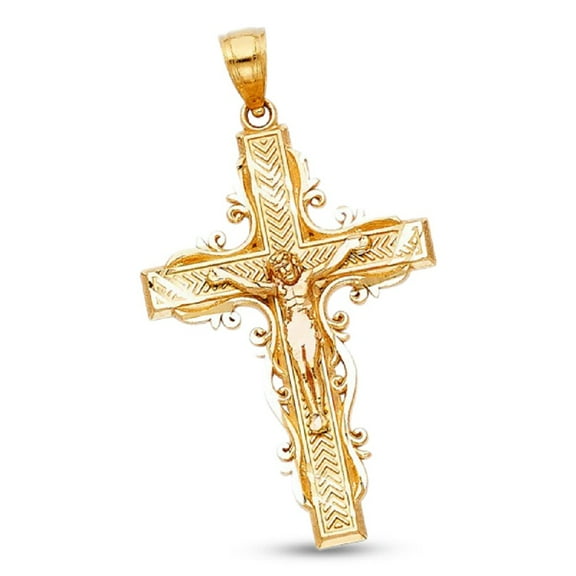 Jesus Crucifix Pendant Solid 14k Yellow Gold Cross Charm Diamond Cut Genuine 34 x 23 mm