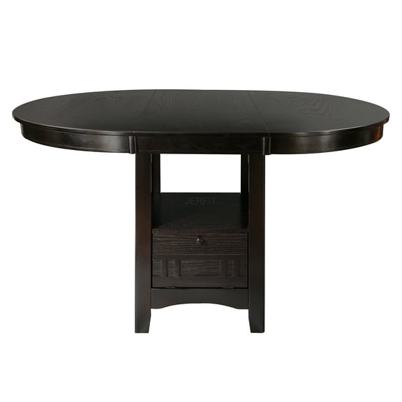 JERFIT Counter Height Dining Table with Extension Leaf and Storage Base in Dark Cherry, Traditional Solid Wood Pedestal Table for 4