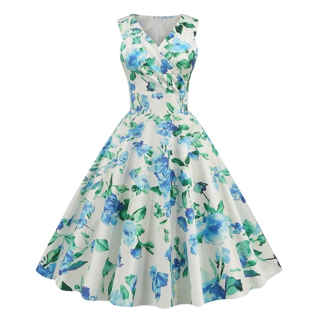 WILLBEST Vestidos Casuales para Mujer Fiesta Vintage de Las Mujeres con Cuello En V Sexy Estampado Floral Vestido sin Mangas Cena Vestido Formal Extra Grande