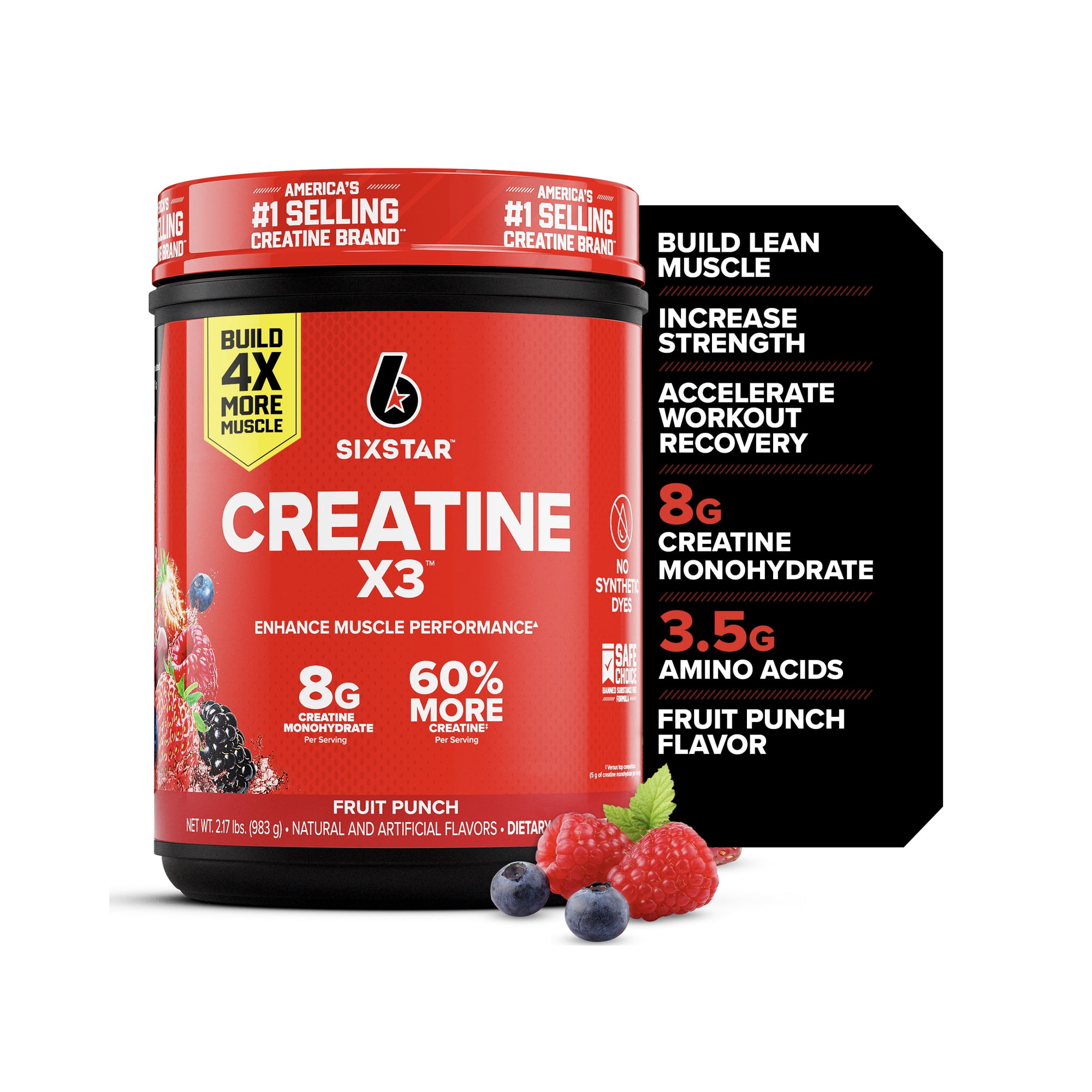 Six Star Pro Nutrition Creatine X3 BCAA Amino Acid Blend Powder, Fruit Punch, 2.17 lbs, 30 Servings