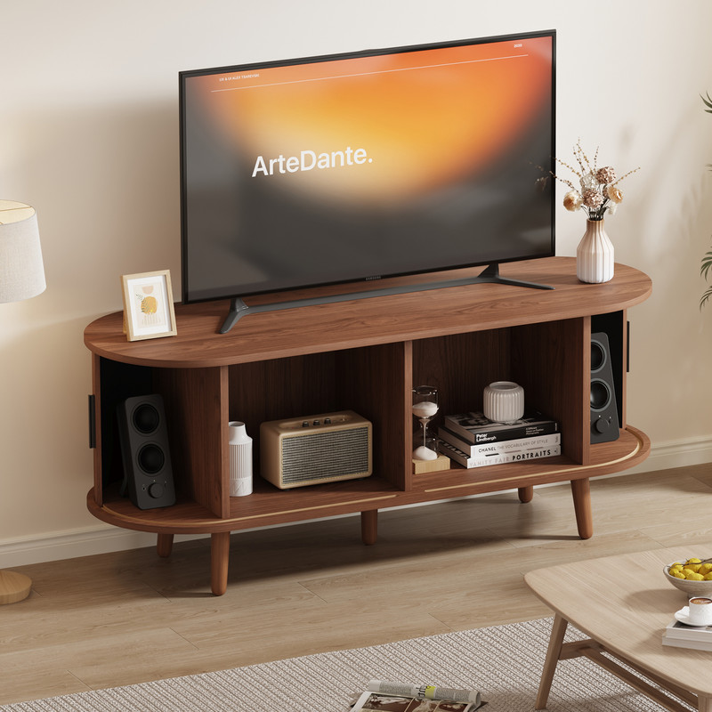 Mid-Century Modern TV Stand, Media Console with 4 Storage Compartments & Sliding Doors,Entertainment Center for TVs up to 65 Inch,Wood Adjustable Shelves for Living Room,Bedroom