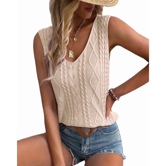 Women Sleeveless Tank Tops Cable Knit Sweater Vests V Neck Casual Clothes SummerTrendy Outfits 2025  L