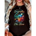 thumbnail image 1 of Women's Regular Size Casual Short Sleeve T-Shirt - Black Round Neck Medium Stretch Top with Dragonflies & Stars Print, Inspirational Quote Design, Machine Washable All-Season Comfort, Ladies T Sh, 1 of 7