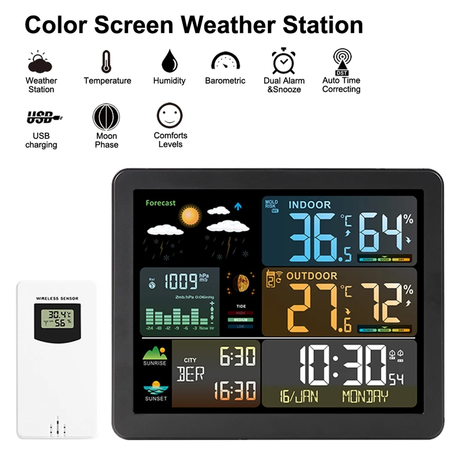 Weather Station for Indoor Outdoor Digital Clock Thermometer Temperature Humidity Monitor with Weather Forecast with 1 Sensor ,High Precision