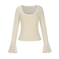 thumbnail image 7 of Trendy Ribbed Knit Tops for Women Teens Slim Fit Y2k Style Square Neck Long Bell Sleeve Tees Crop Sweaters (X-Large, Khaki), 7 of 7