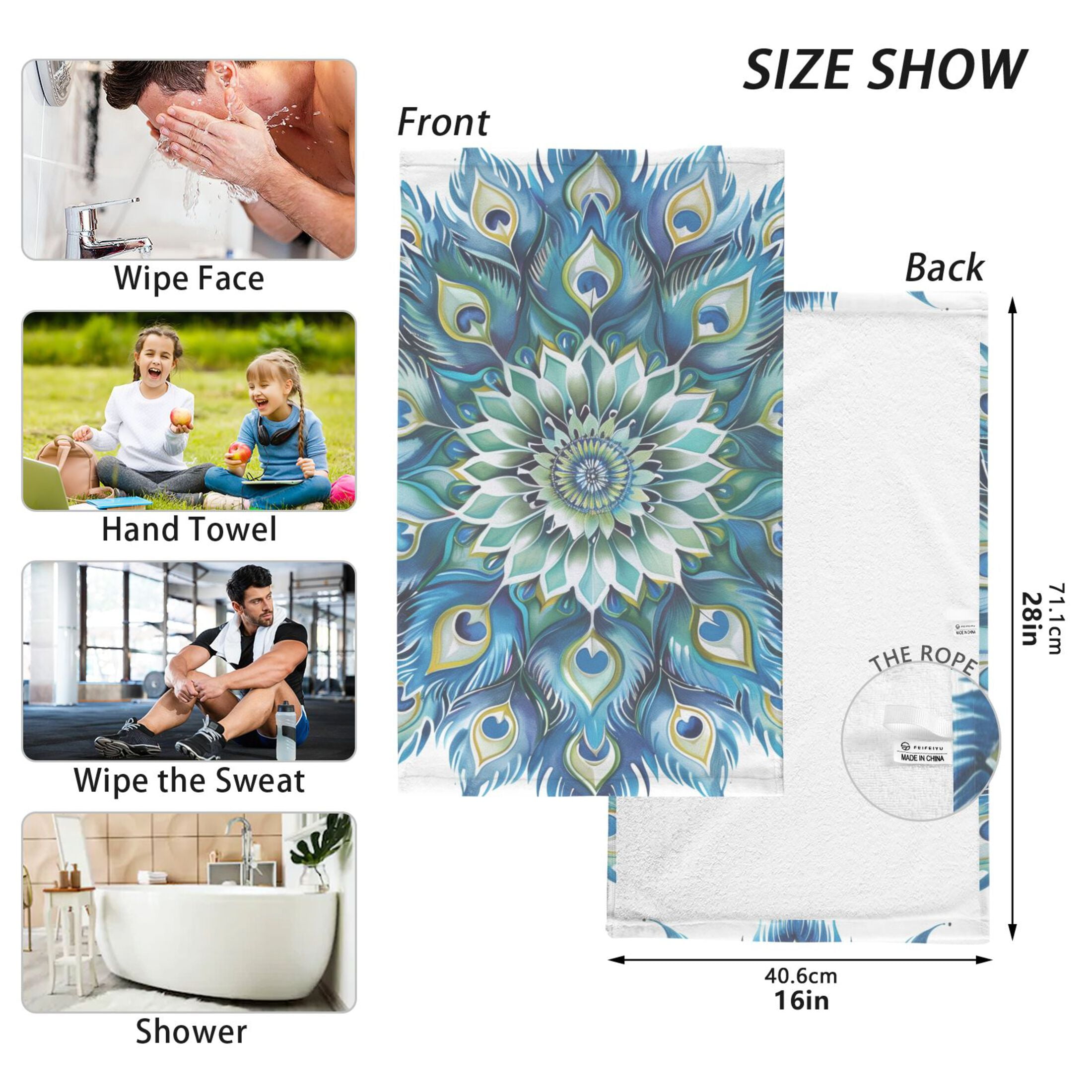 Cotton Bath Towels Soft Face Towel Absorbent Quick Dry Peacock Feathers Mandala 16"x28" 2 Pack