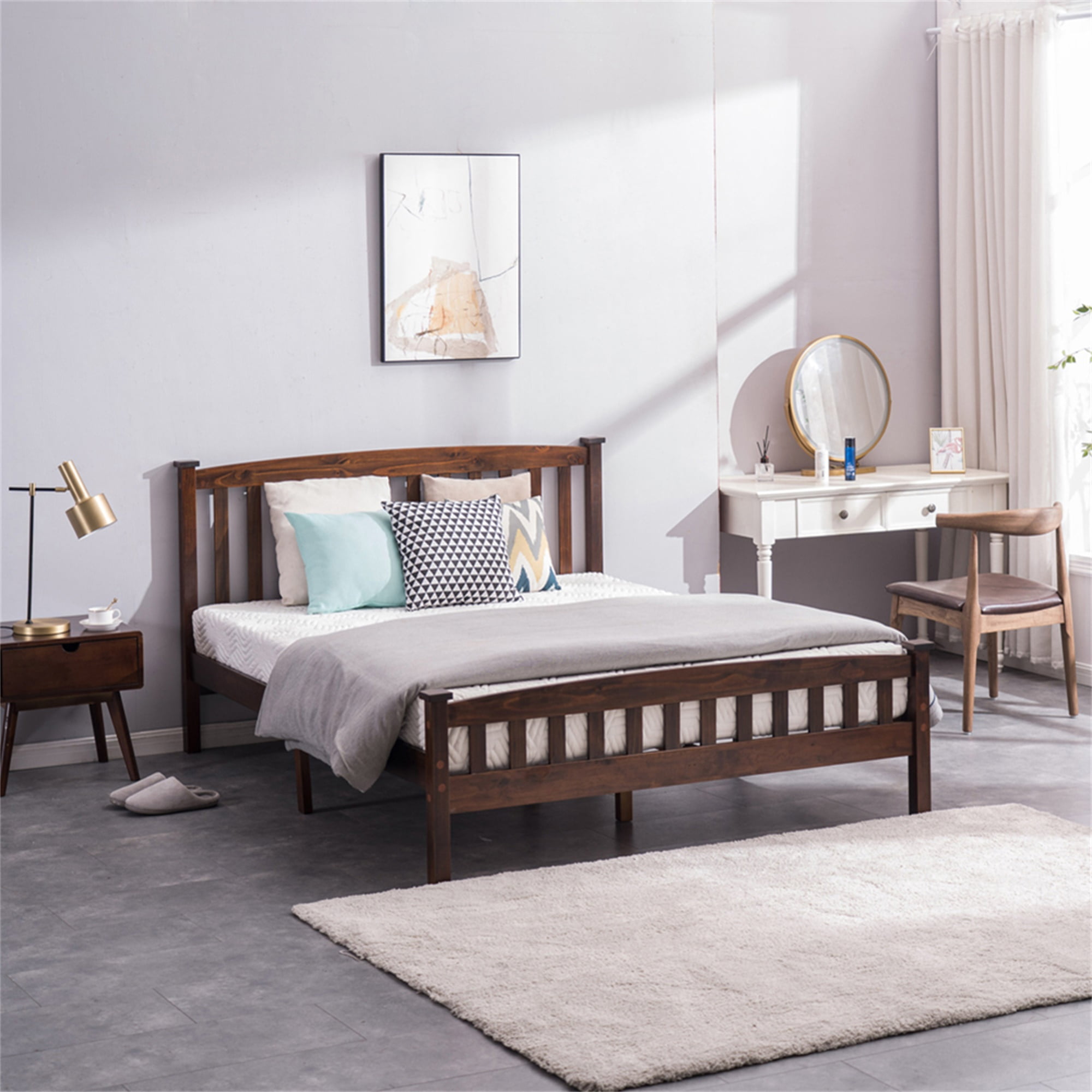 Kepooman Mid-Century Modern Solid Wood Platform Bed Frame, Bed Frame with Headboard, Slatted Bed, Walnut Queen Size Kepooman Mid-Century Modern Solid Wood Platform Bed Frame, Bed Frame with Headboard, Slatted Bed, Walnut Queen Size