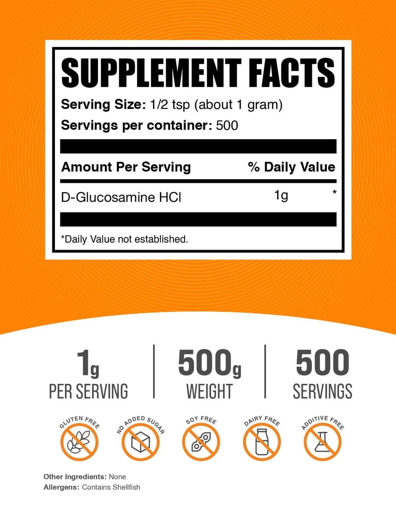 BulkSupplements Glucosamine HCl Powder - 1g per Serving - 500 Grams (1.1 lbs) - 500 Servings