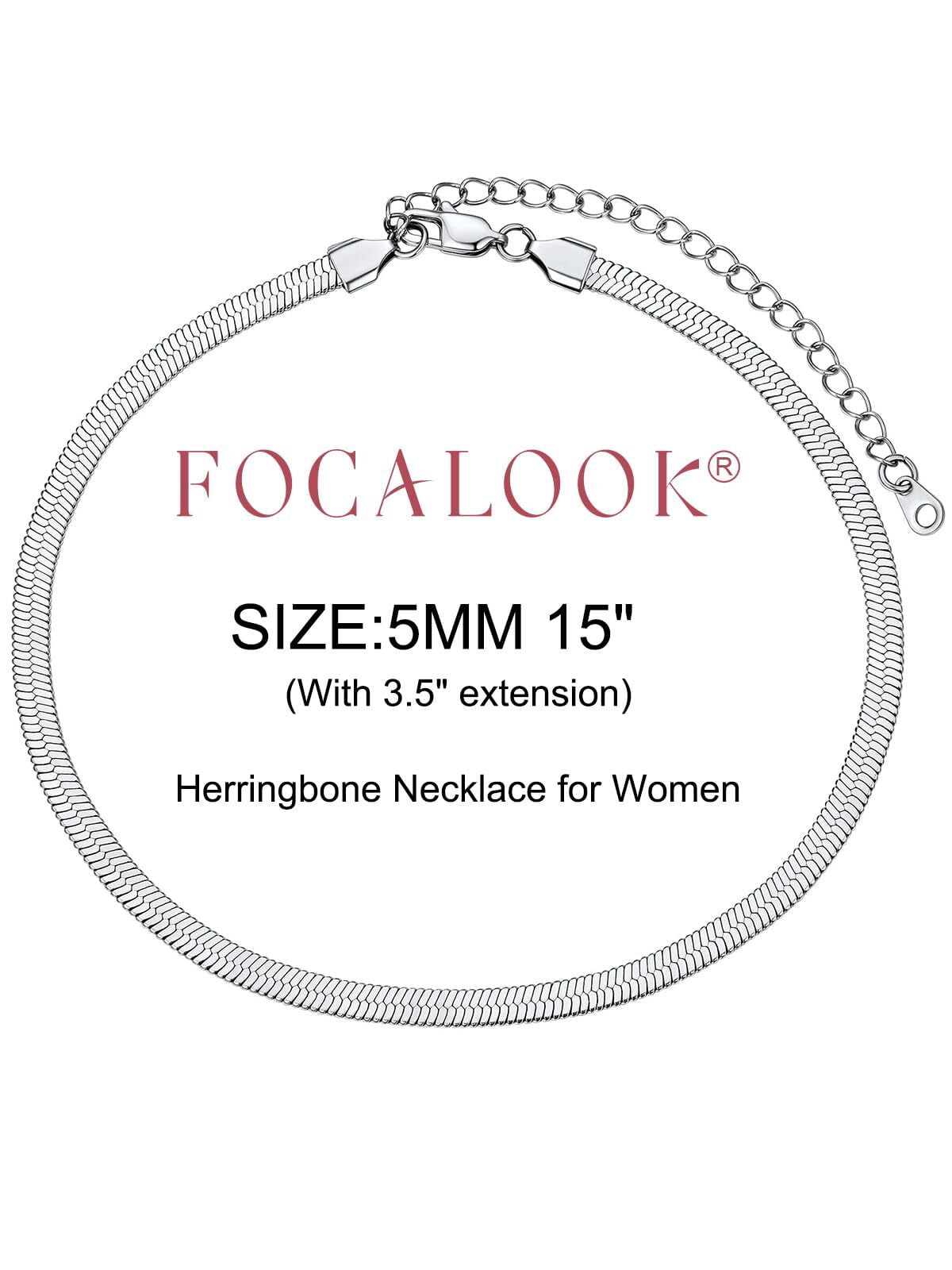 FOCALOOK Flat Snake Chain for Women Stainless Steel Silver Herringbone Choker Necklace Jewelry Birthday Christmas Mother's Day Gifts 5MM 15 Inches