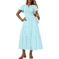 thumbnail image 2 of Womens Summer 2025 Casual Midi Maxi Dresses Solid Color Short Sleeve V Neck Elastic Waist Boho Beach Dress Pocket Light Blue, 2 of 8