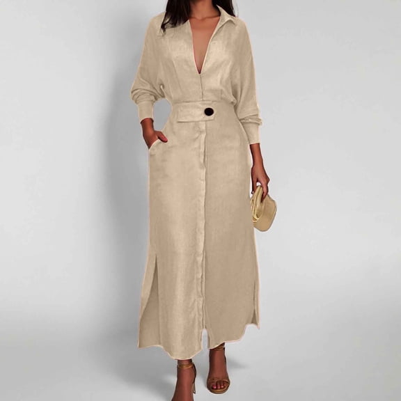 Women Solid Casual Tie Waist Long Sleeve Deep V Neck Dress Casual Maxi Dress for Women Dresses for Casual Dresses for Beaches Shirt Dress Women plus Size Summer Dress for Women Casual Maxi Dresses for