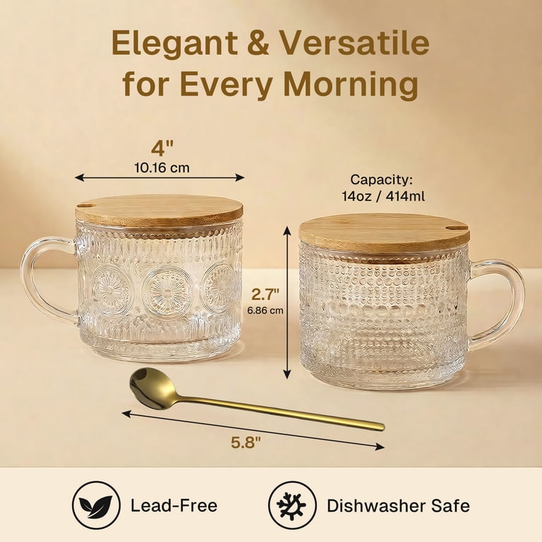 Behome 4pcs Set Glass Coffee Mugs, 14 oz Coffee Cups with Bamboo Lids and Spoons, Clear Embossed Vintage Glass Cups for Cappuccino, Latte, Cereal,