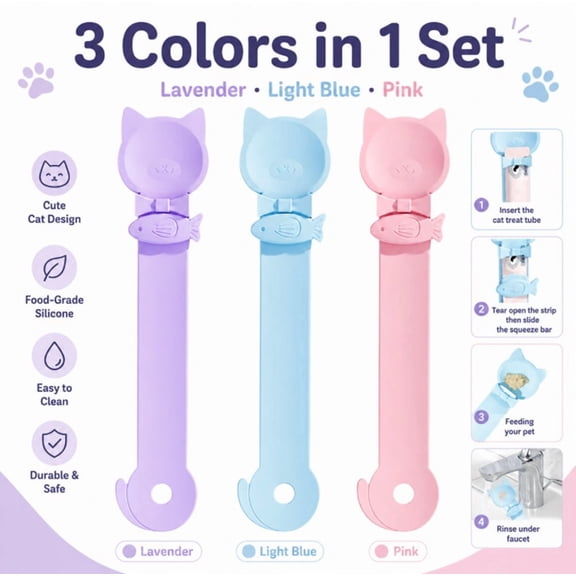 3 Pack Cat Treat Strip Feeders, Squeeze Spoon Dispensers for Lickable Cat Treats and Purees, TIKA