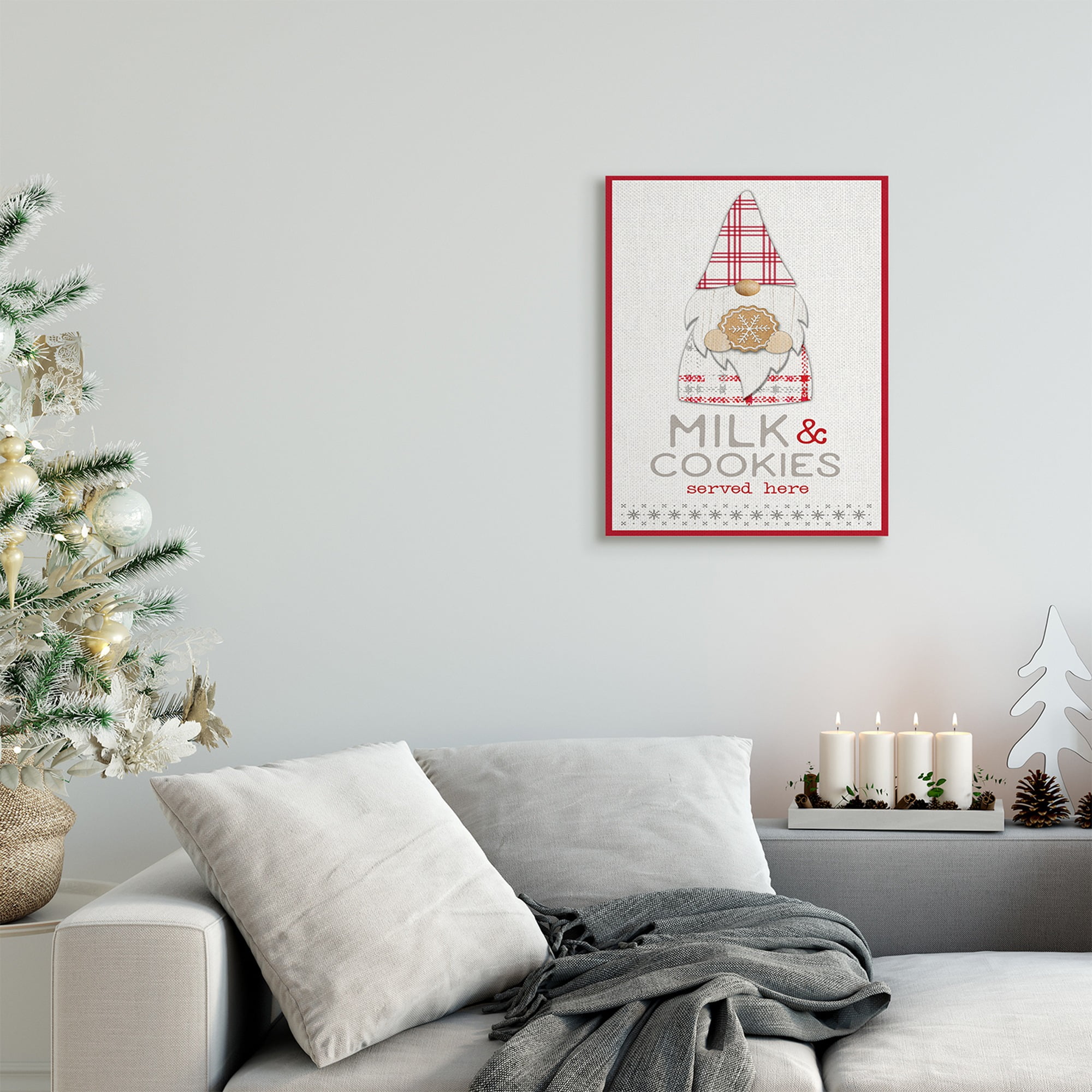 Stupell Industries Milk and Cookies Phrase Christmas Plaid Gnome Fairy Tales & Fantasy Painting Gallery Wrapped Canvas Art Print Wall Art, 16 x 20