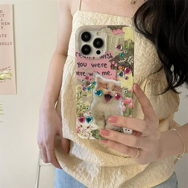Estuche para teléfono con ilustración de perro y gato Kawaii, estuches de dibujos animados con diamantes de amor lindos, cubierta blanda para iPhone 14, 11, 12, 13 Pro Max, 14 Plus zhangmengya LED