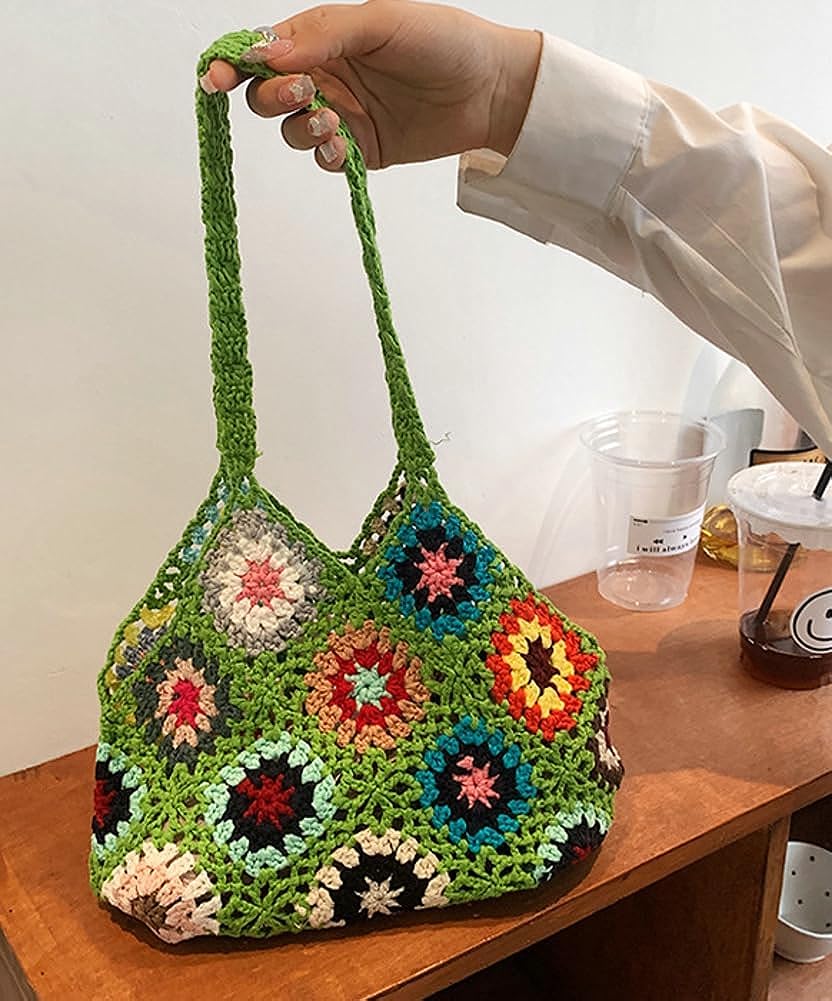 Kukuzhu Cute Floral Knitted Shoulder Bag Women Fairy Y2k Hobo Bag Crochet Small Hand Woven Beach Mesh Tote Purse